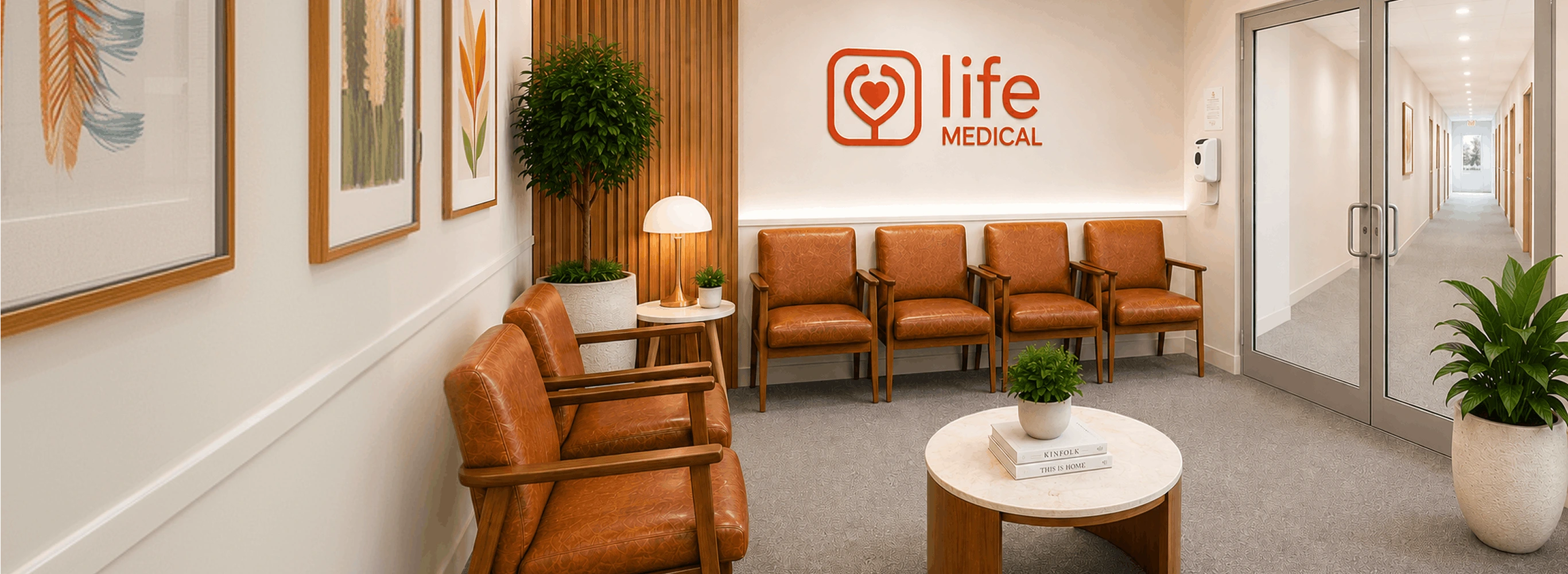 A modern medical clinic waiting room with leather chairs, a coffee table, and a long hallway