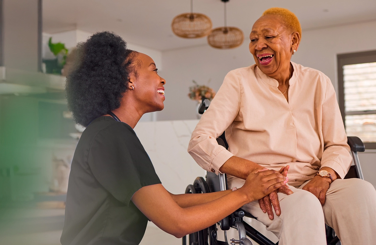 Nurse guiding a senior woman during transitional care at home