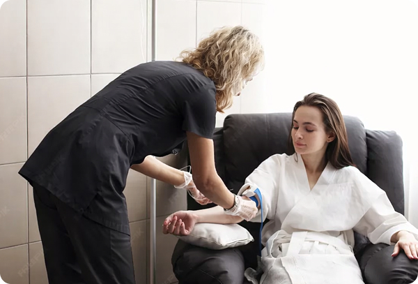 A registered nurse in black scrubs carefully preparing a patient's arm for an IV infusion while the patient relaxes in a comfortable home recliner.