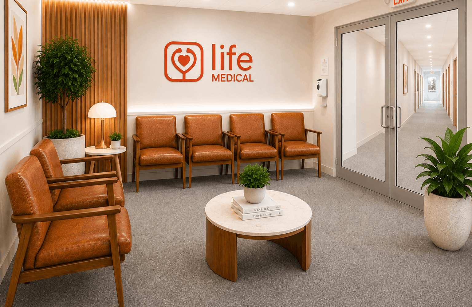 A modern medical clinic waiting room with leather chairs, a coffee table, and a long hallway